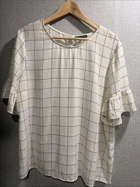 Adrianna Papelle Women's Cream Windowpane Ruffle Sleeve Blouse Size X-Large